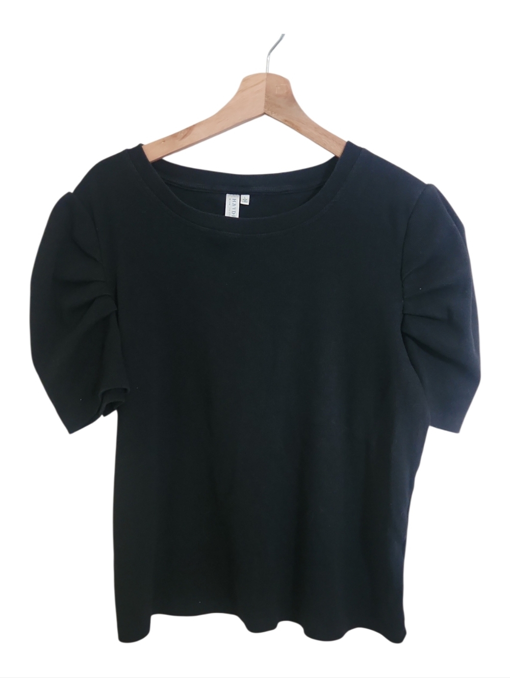 Hayden Boutique Black Short Sleeve Ruched Shoulders Shirt Women Size Large